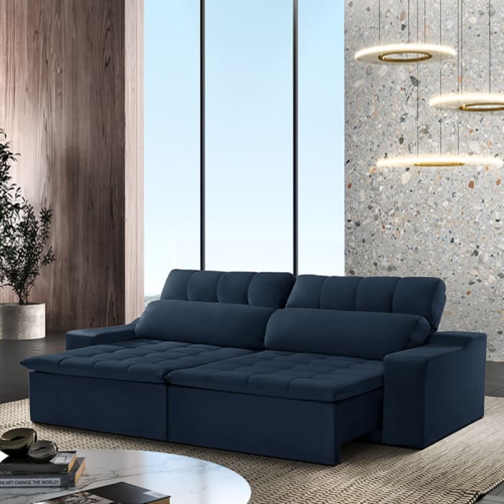 Foto 1 - Sofá 4 Lugares Retrátil e Reclinável Com Pillow Top e Molas 2,50m Connect Veludo Premium Azul Marinho