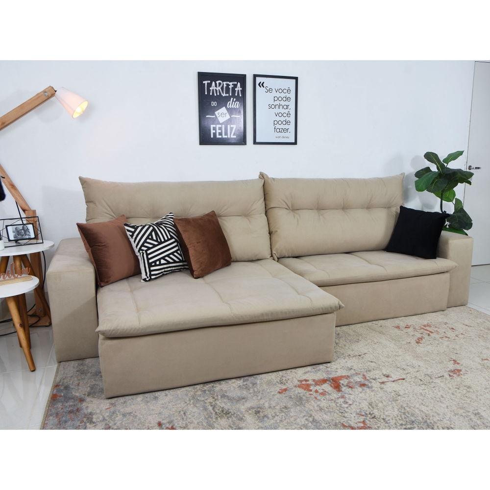 Foto 11 - Sofá 5 Lugares Miró 2,70m Retrátil e Reclinável Com Pillow e Molas Veludo Bege