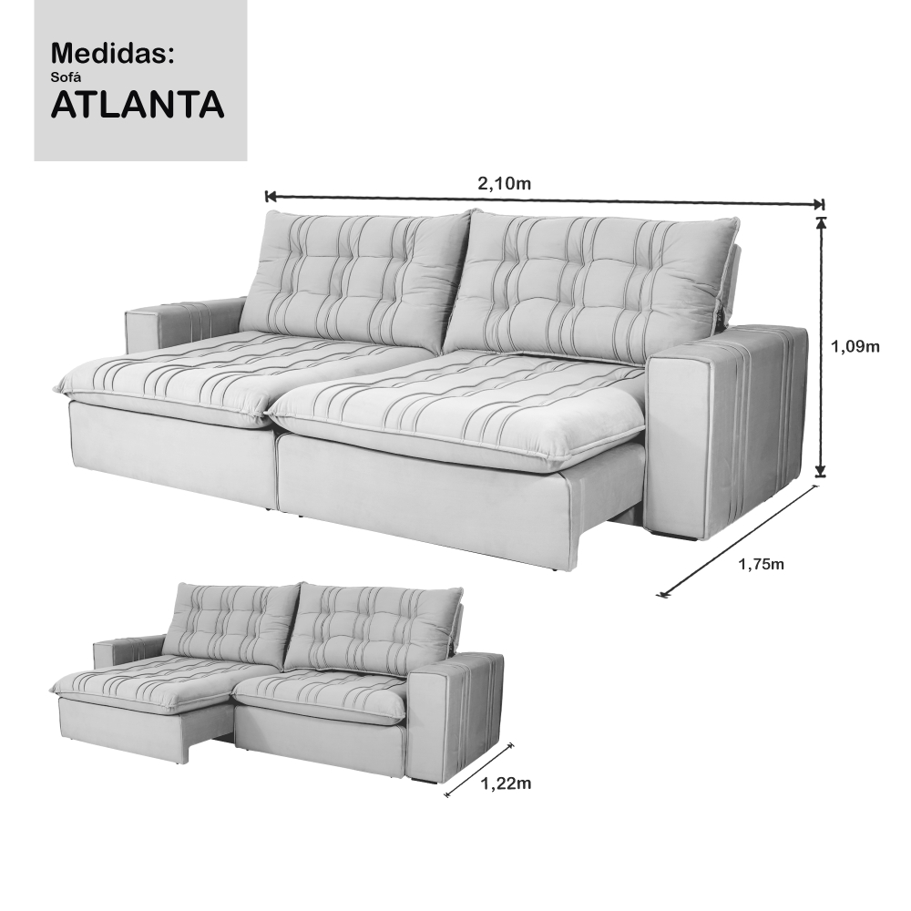 Foto 8 - Sofá 3 Lugares Retrátil E Reclinável Com Pillow e Molas Ensacadas 2,10m Atlanta Veludo Premium Cinza