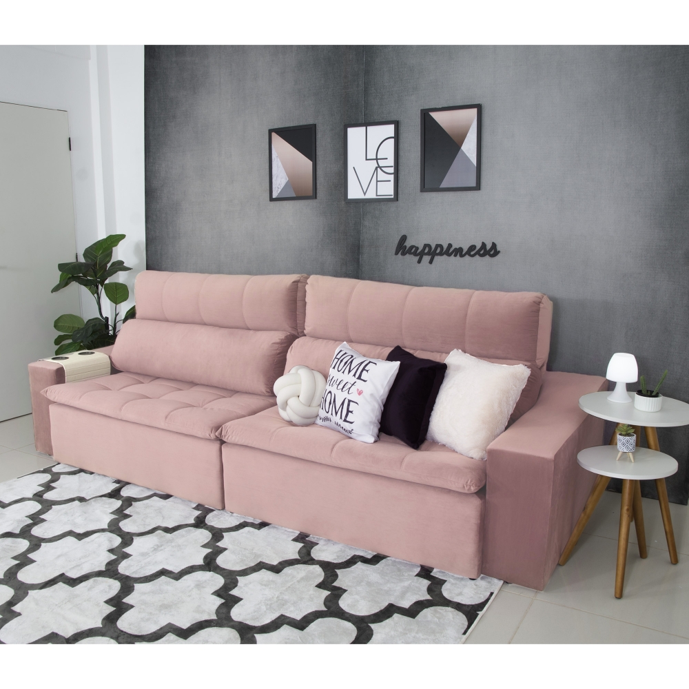 Foto 1 - Sofá Connect Com Pillow Veludo Premium Rosê 5 Lugares 2,90m Retrátil e Reclinável