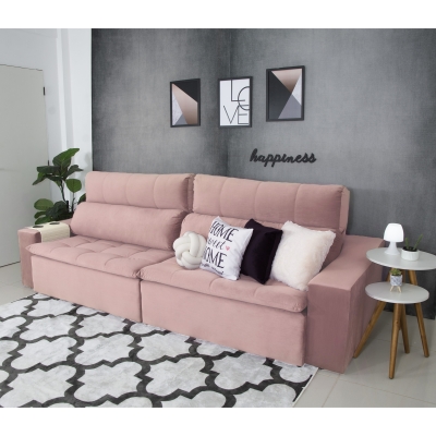 Sofá Connect Com Pillow Veludo Premium Rosê 5 Lugares 2,90m Retrátil e Reclinável