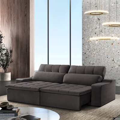Sofá 3 Lugares Connect Plus 2,10m com Pillow Retrátil e Reclinável Veludo Premium Cinza