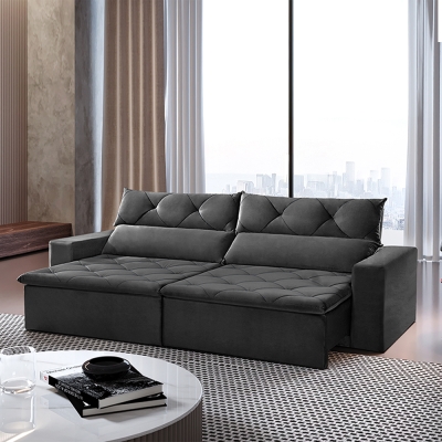 Sofá 5 Lugares Retrátil e Reclinável com Pillow e Molas Gigante Supremo 2,90m Veludo Premium Cinza