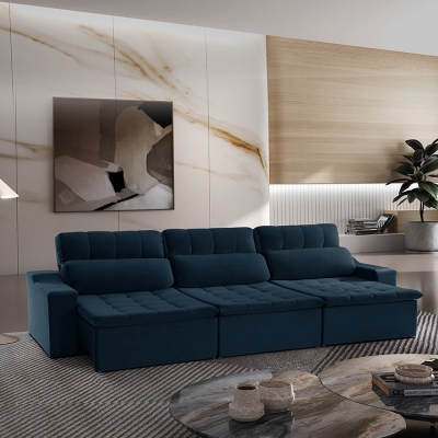 Sofá 6 Lugares Retrátil e Reclinável com Molas Connect Pillow 3,50m Veludo Premium Azul Marinho
