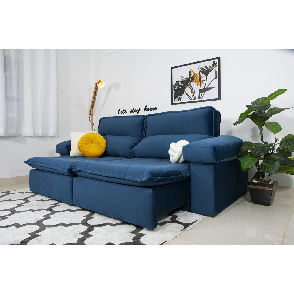 Foto 10 - Sofá Imperador com Pillow e Molas Ensacadas Veludo Azul Marinho 5 Lugares 2,90m Retrátil e Reclinável