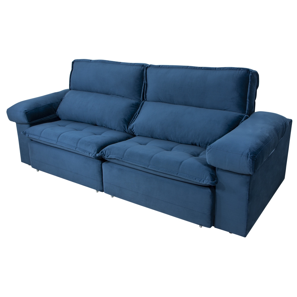 Foto 2 - Sofá Imperador com Pillow e Molas Ensacadas Veludo Azul Marinho 5 Lugares 2,90m Retrátil e Reclinável