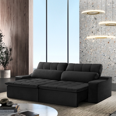 Sofá 5 Lugares Retrátil e Reclinável com Pillow e Molas Connect 2,90m Veludo Premium Preto