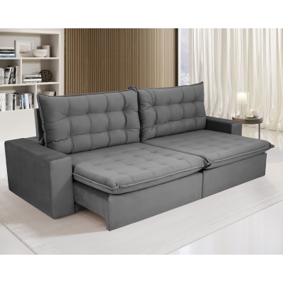 Sofá 5 Lugares Retrátil e Reclinável com Pillow 14cm Espuma D33 Duque 2,90m Veludo Premium Cinza