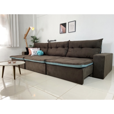 Sofá 6 Lugares Miró Com Pillow 3,50m Retrátil e Reclinável Pena Chocolate e Azul