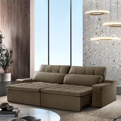 Sofá 5 Lugares Retrátil e Reclinável com Pillow e Molas Connect 2,70m Veludo Premium Bege