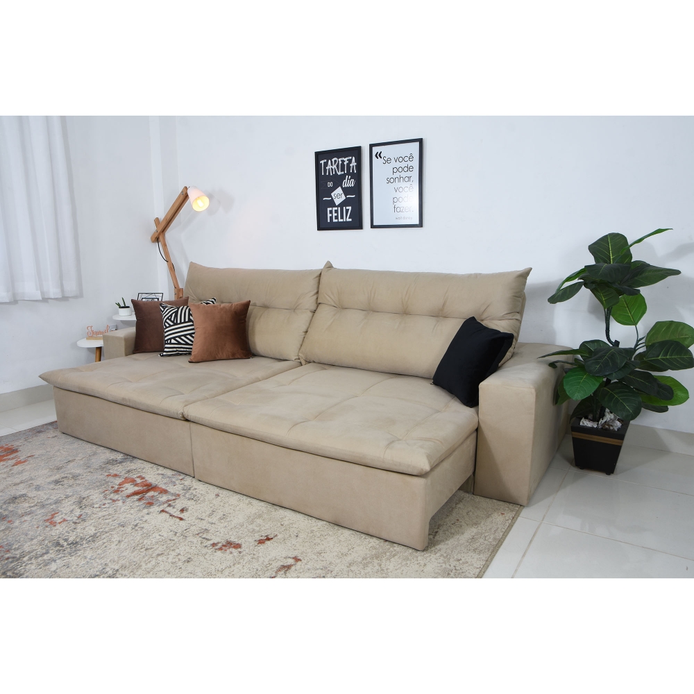 Foto 3 - Sofá 5 Lugares Miró 2,90m Retrátil E Reclinável Com Pillow e Molas Veludo Bege