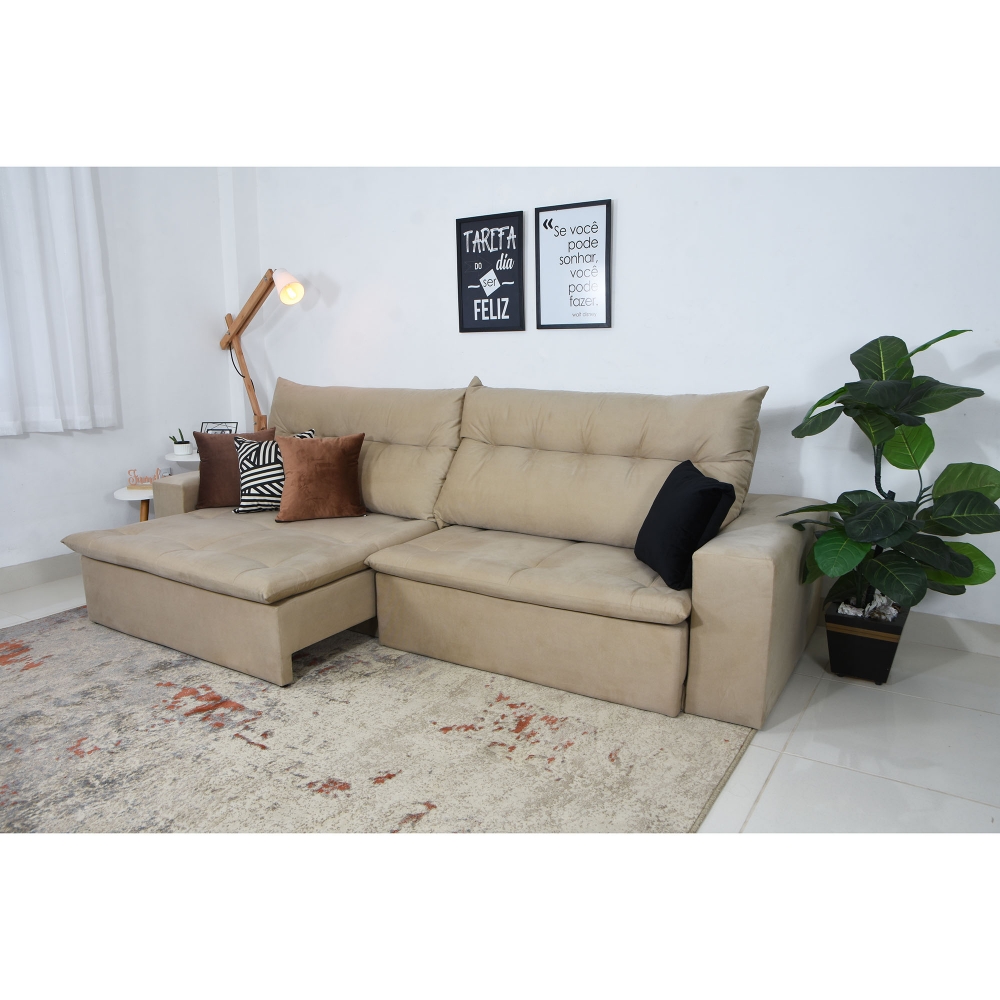 Foto 1 - Sofá 5 Lugares Miró 2,90m Retrátil E Reclinável Com Pillow e Molas Veludo Bege