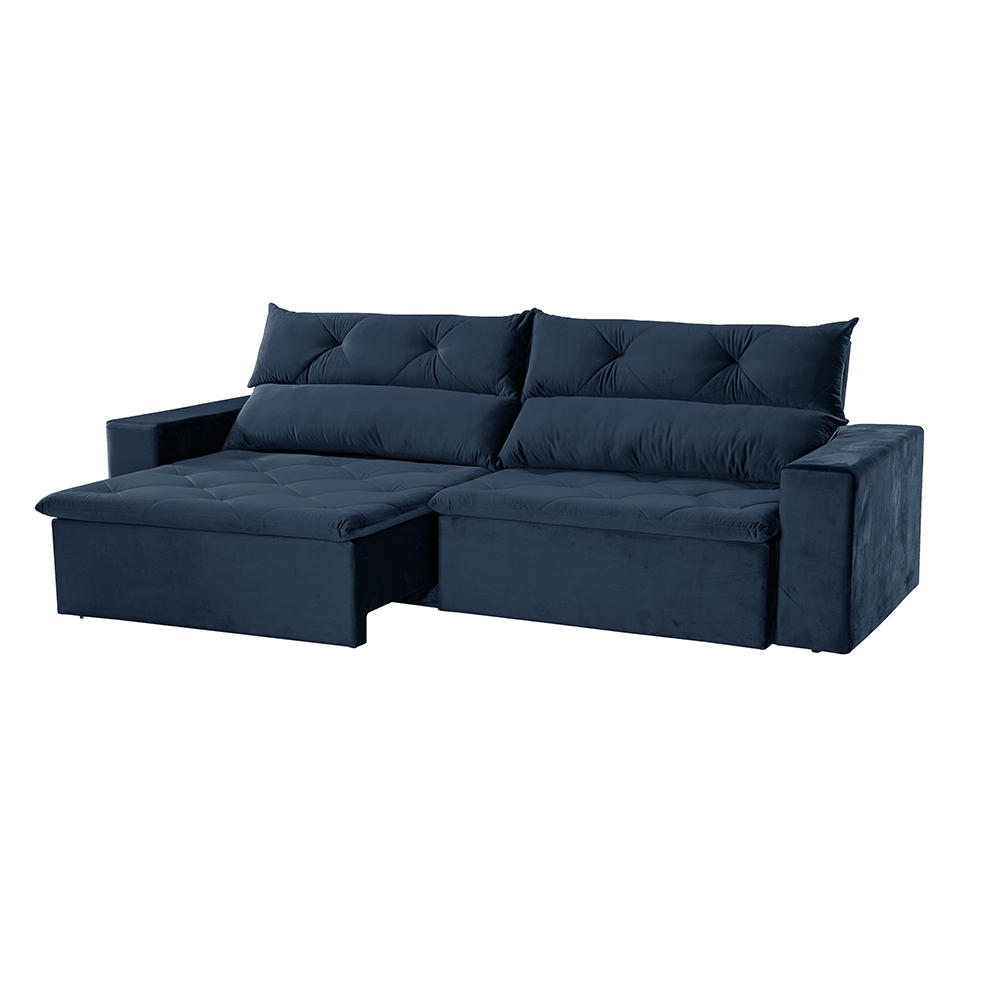 Foto 2 - Sofá 4 Lugares Retrátil e Reclinável com Pillow e Molas Gigante Supremo 2,30m Veludo Premium Azul Marinho