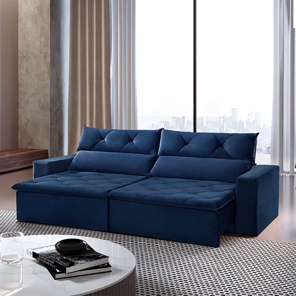 Foto 1 - Sofá 4 Lugares Retrátil e Reclinável com Pillow e Molas Gigante Supremo 2,30m Veludo Premium Azul Marinho