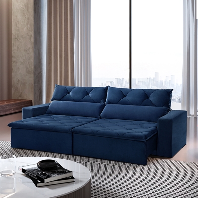 Sofá 4 Lugares Retrátil e Reclinável com Pillow e Molas Gigante Supremo 2,30m Veludo Premium Azul Marinho