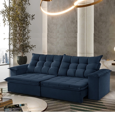 Sofá 3 Lugares Retrátil e Reclinável com Molas e Pillow 2,10m Doha Veludo Premium Azul Marinho