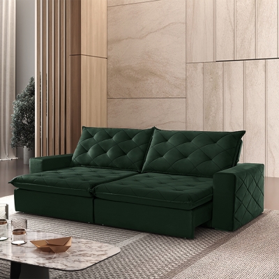 Sofá 4 Lugares Retrátil e Reclinável Com Pillow e Molas Ensacadas 2,50m Paris Veludo Premium Verde Esmeralda
