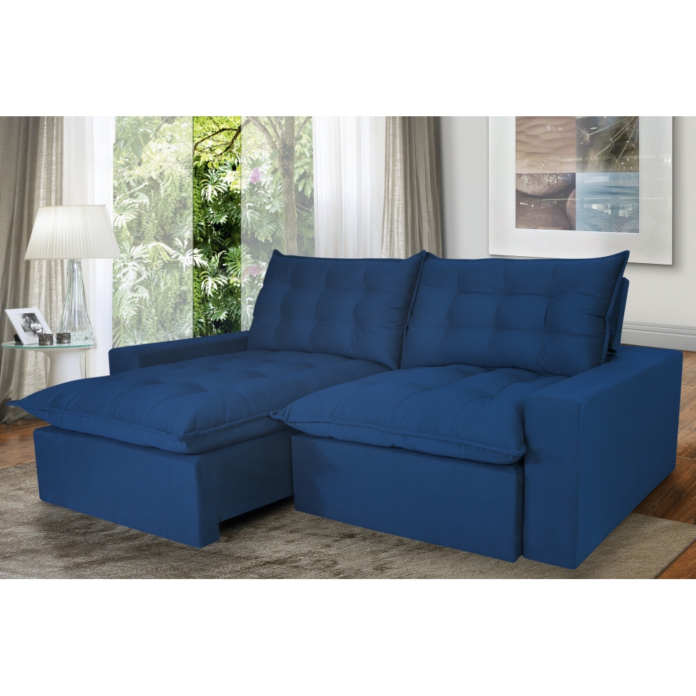 Foto 1 - Sofá 4 Lugares Retrátil e Reclinável com Pillow e Molas 2,50m Maximus Veludo Azul Marinho