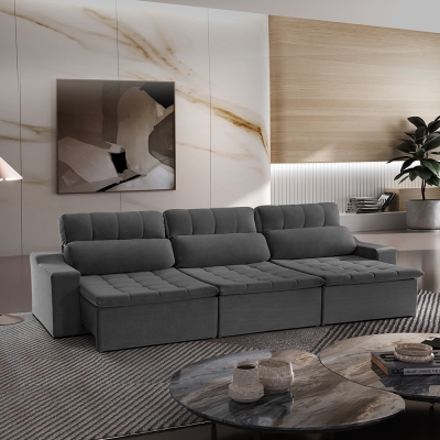 Sofá 6 Lugares Retrátil e Reclinável com Molas Connect Pillow 3,50m Veludo Premium Cinza