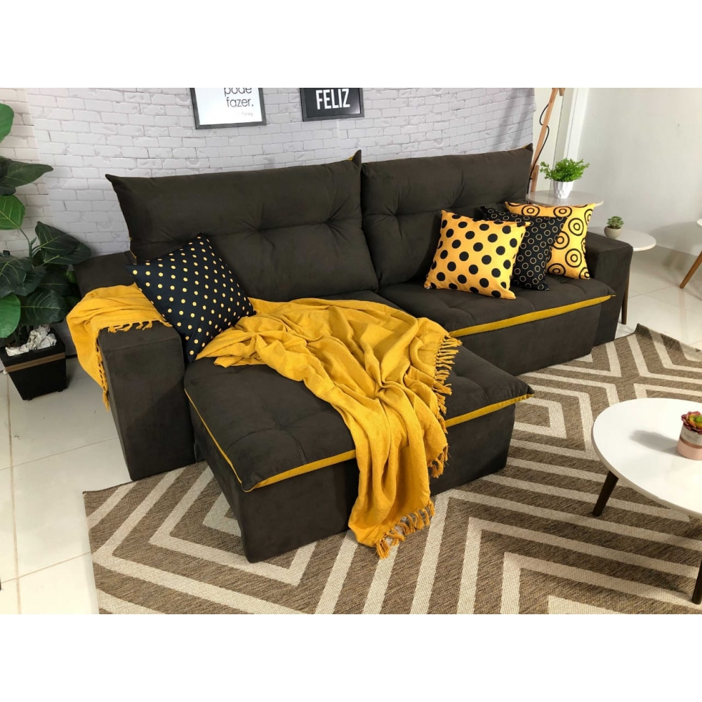 Foto 5 - Sofá 5 Lugares Miró Com Pillow 2,90m Retrátil E Reclinável Pena Chocolate com Amarelo 