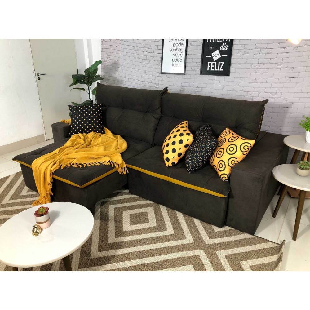 Foto 4 - Sofá 5 Lugares Miró Com Pillow 2,90m Retrátil E Reclinável Pena Chocolate com Amarelo 