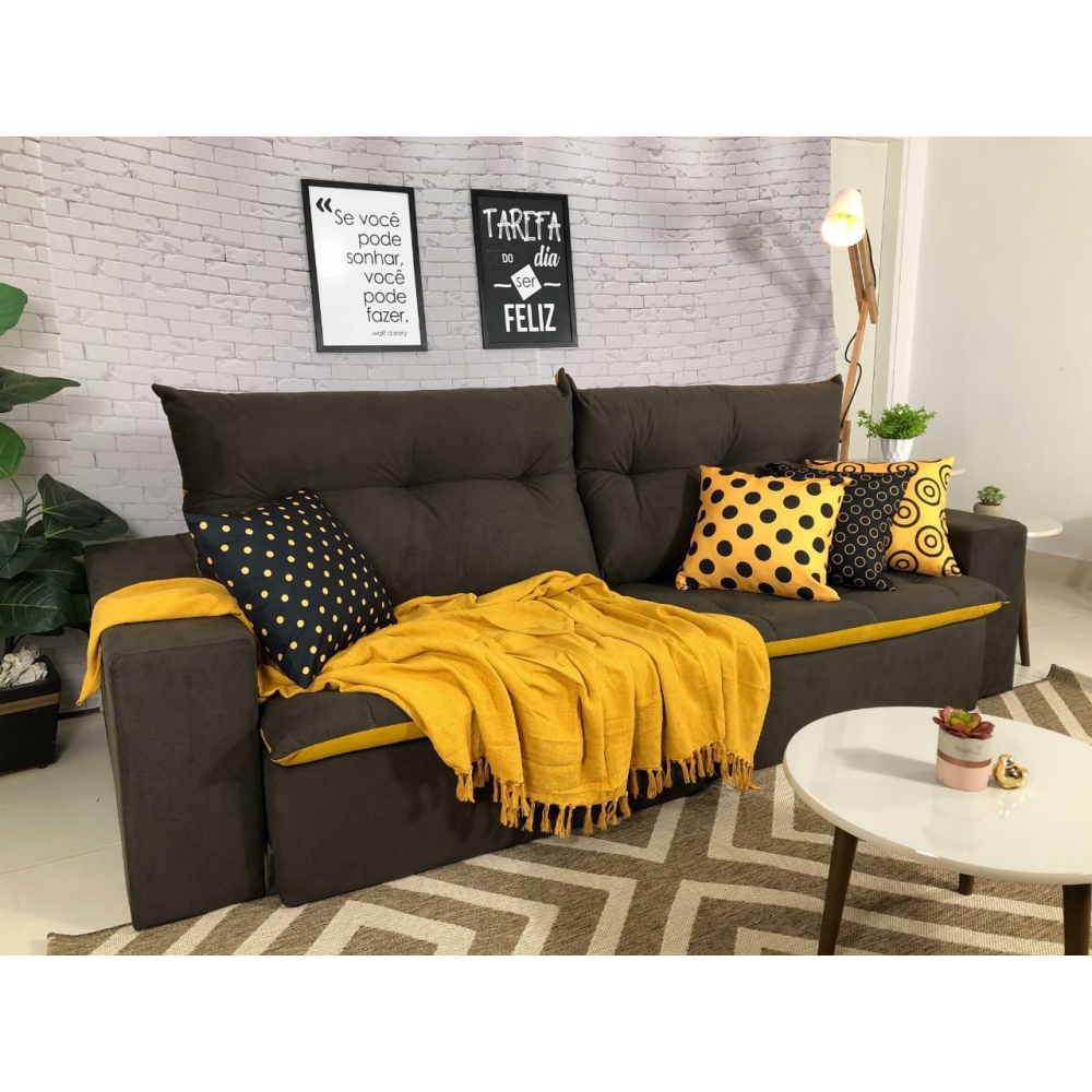 Foto 1 - Sofá 5 Lugares Miró Com Pillow 2,90m Retrátil E Reclinável Pena Chocolate com Amarelo 
