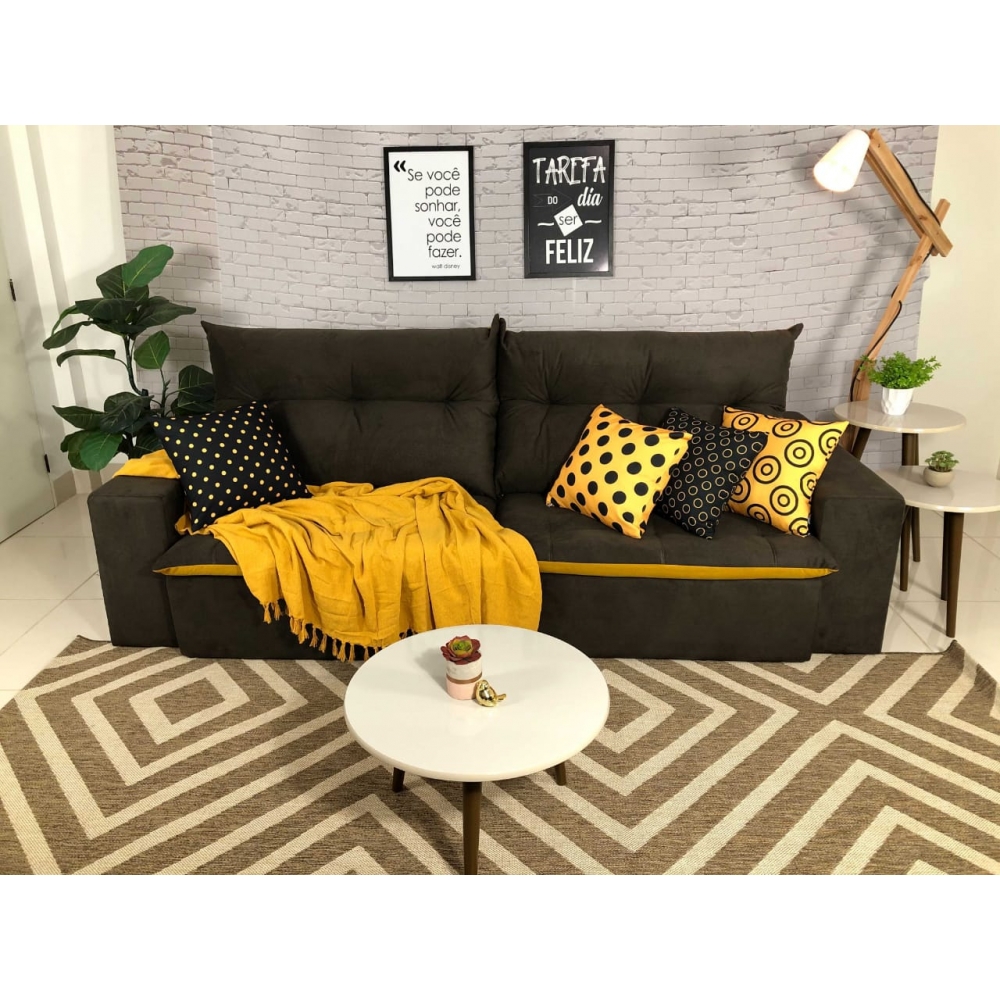 Foto 5 - Sofá 5 Lugares Miró Com Pillow 2,90m Retrátil E Reclinável Pena Chocolate com Amarelo 
