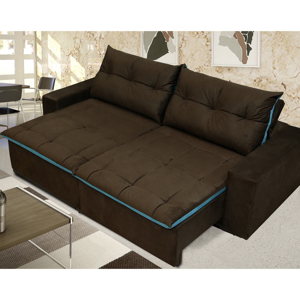 Foto 1 - Sofá 4 Lugares Miró Com Pillow 2,50m Retrátil e Reclinável Pena Chocolate com Azul