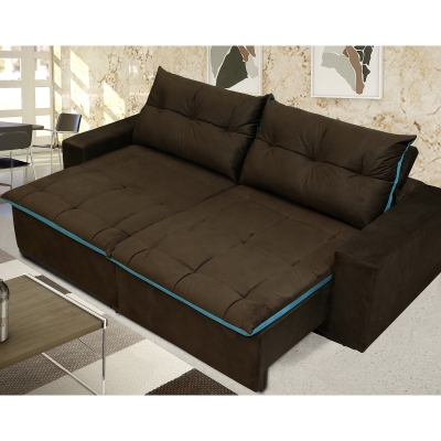 Sofá 4 Lugares Miró Com Pillow 2,50m Retrátil e Reclinável Pena Chocolate com Azul