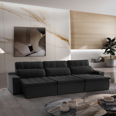 Sofá 6 Lugares Retrátil e Reclinável com Molas Connect Pillow 3,50m Veludo Premium Preto