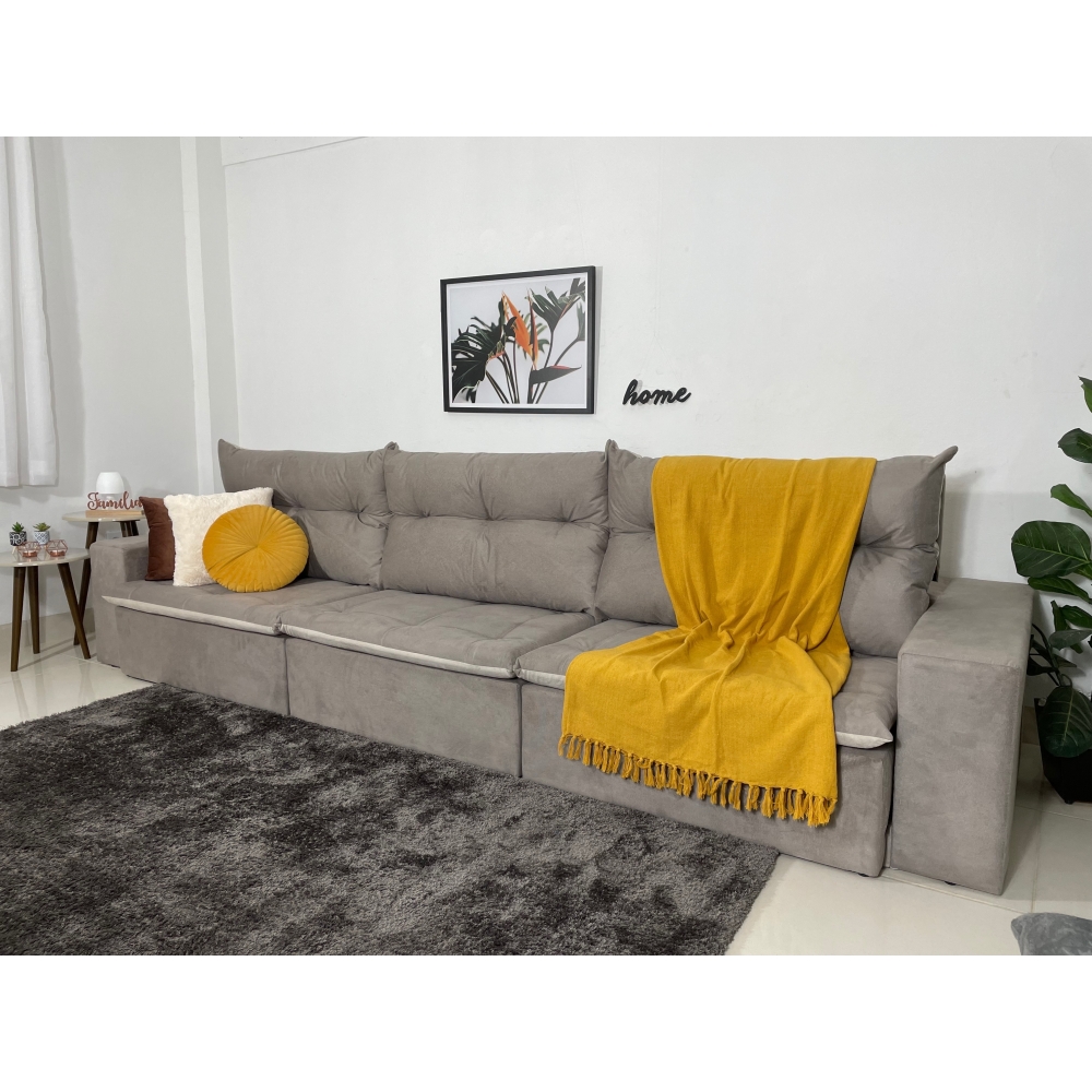 Foto 3 - Sofá 6 Lugares Miró Com Pillow 3,50m Retrátil e Reclinável Pena Camurça com Marfim