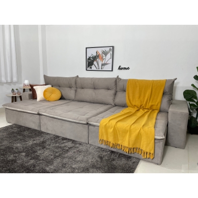 Sofá 6 Lugares Miró Com Pillow 3,50m Retrátil e Reclinável Pena Camurça com Marfim