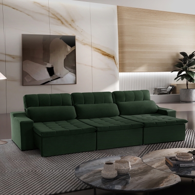 Sofá 6 Lugares Retrátil e Reclinável com Molas Connect Pillow 3,50m Veludo Premium Verde Esmeralda