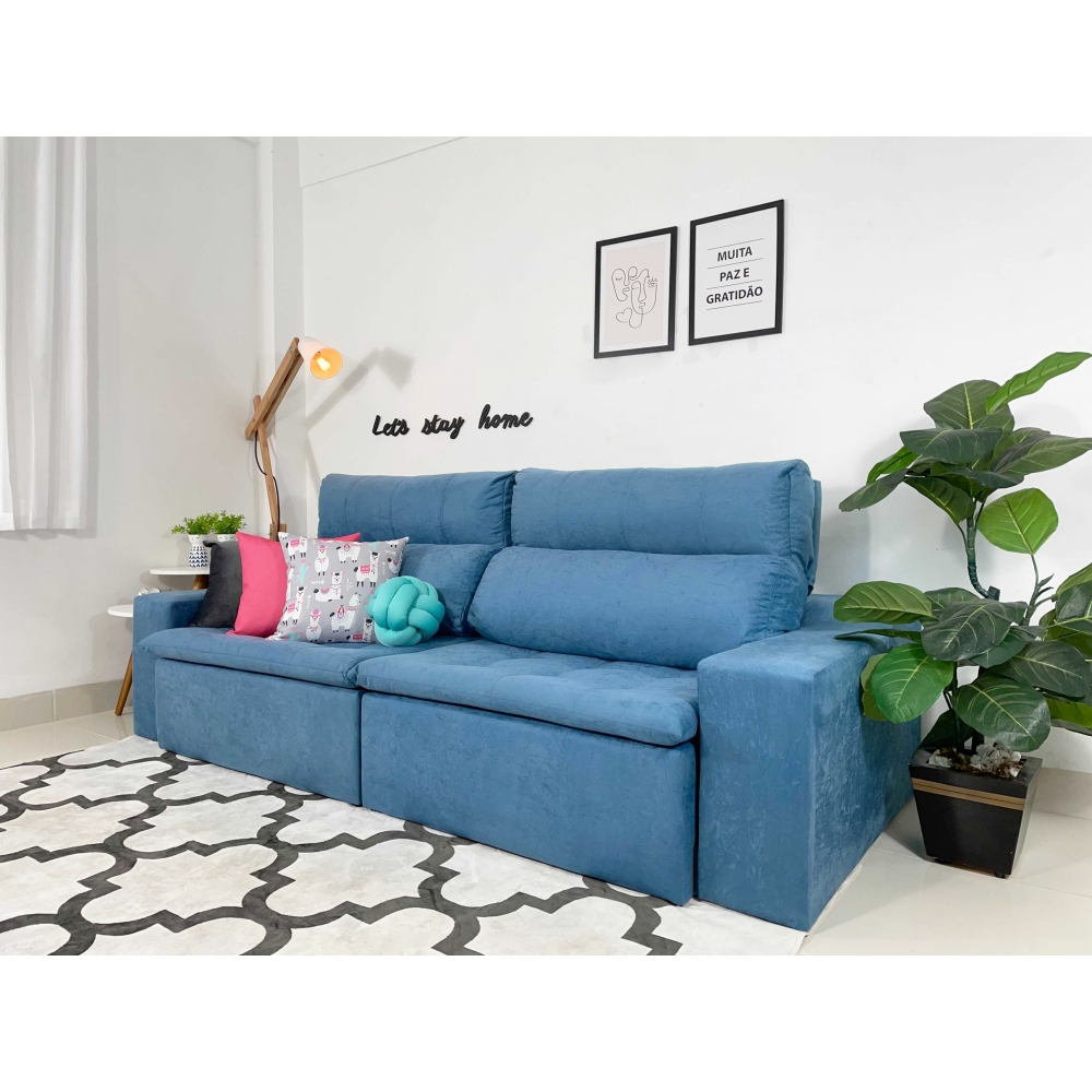 Foto 5 - Sofá 4 Lugares Connect Com Pillow Retrátil e Reclinável 2,50m Suede Amassado Azul