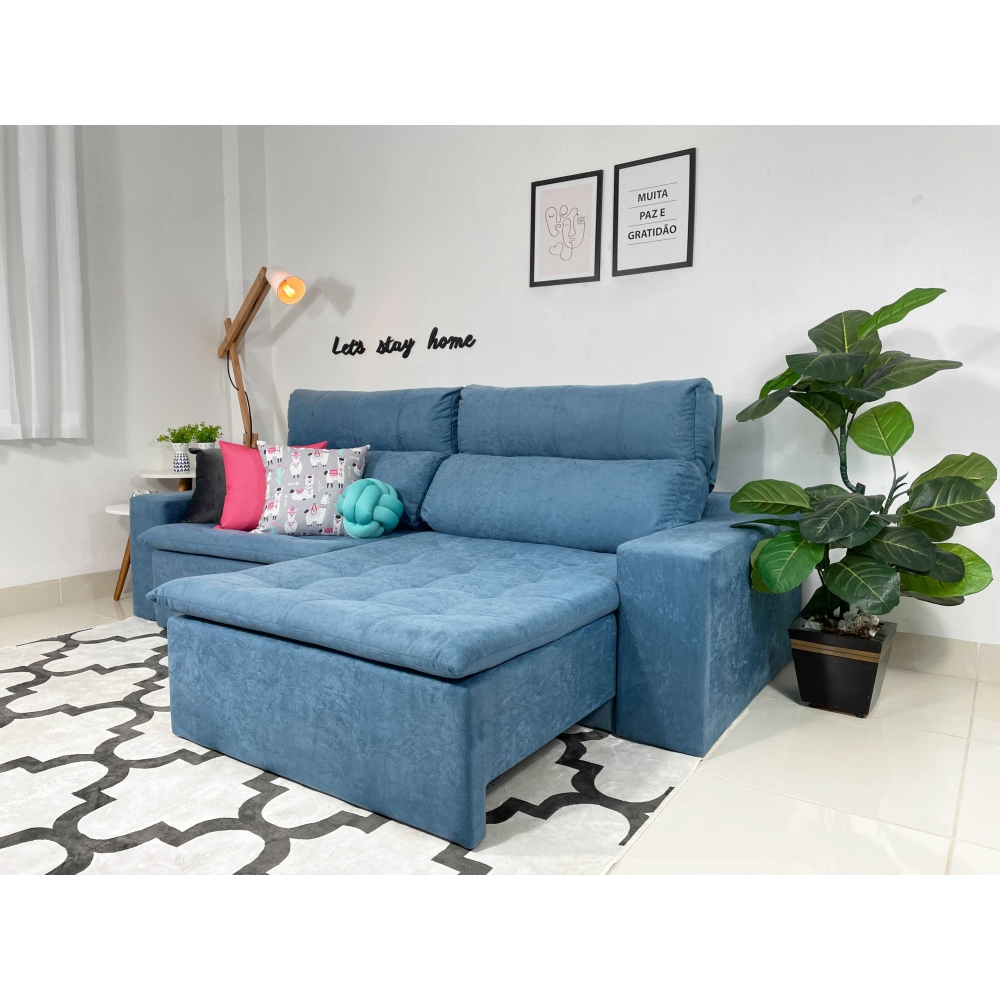 Foto 6 - Sofá 4 Lugares Connect Com Pillow Retrátil e Reclinável 2,50m Suede Amassado Azul