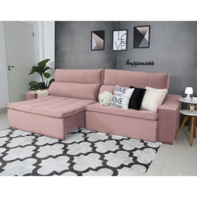 Sofá Connect Com Pillow Veludo Premium Rosê 4 Lugares 2,50m Retrátil e Reclinável