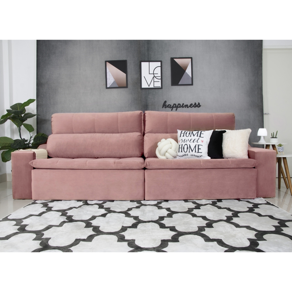 Foto 3 - Sofá Connect Com Pillow Veludo Premium Rosê 4 Lugares 2,50m Retrátil e Reclinável