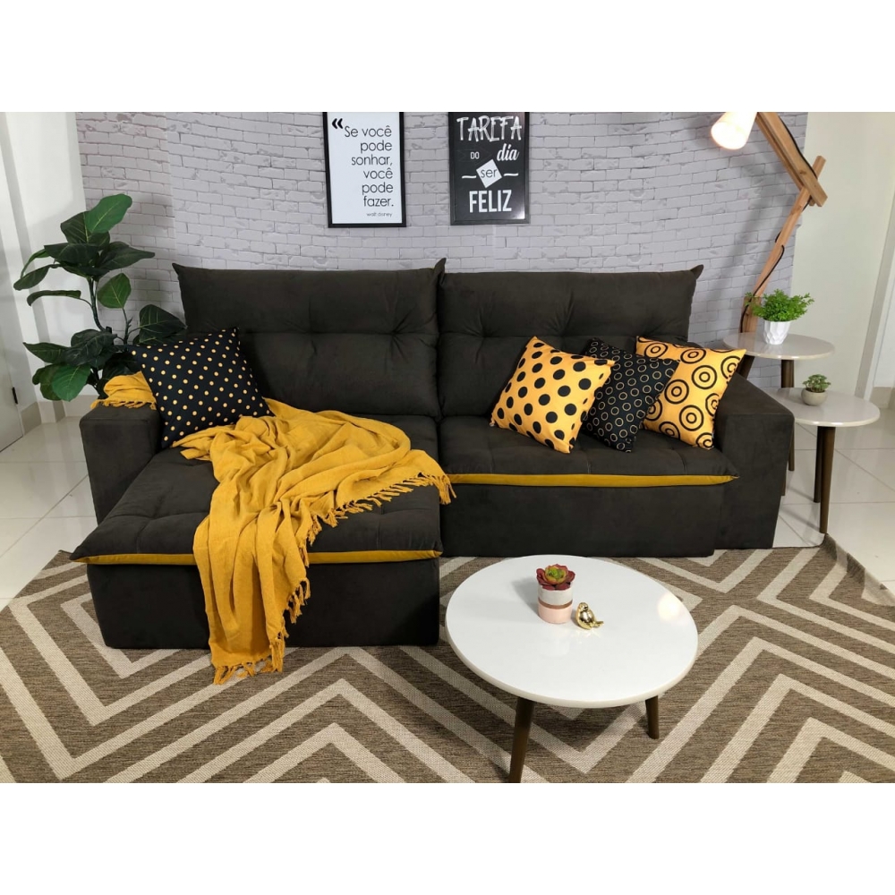 Foto 3 - Sofá 4 Lugares Miró Com Pillow 2,50m Retrátil e Reclinável Pena Chocolate com Amarelo 